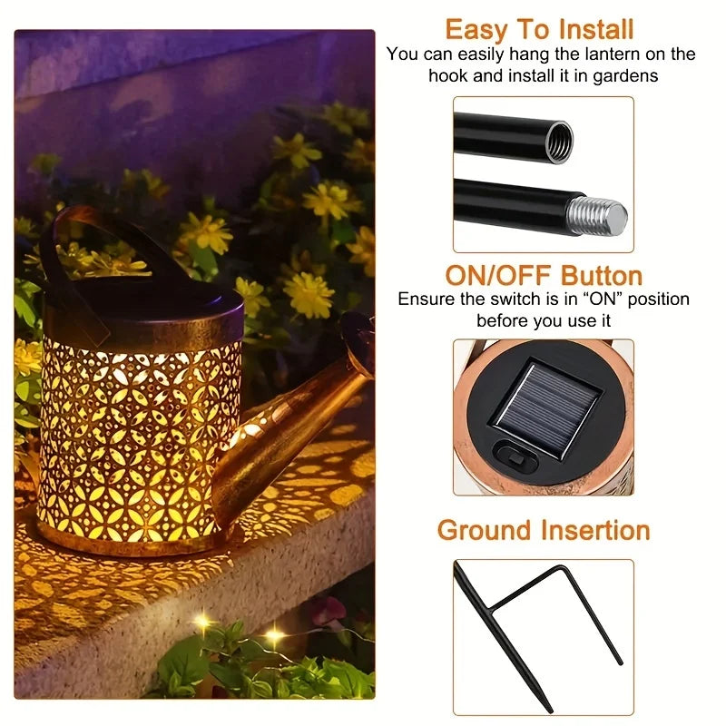 Large Retro Metal Lantern Solar Watering Can Light Outdoor Waterproof Shower Lights Hanging Star LED Fairy for Garden Decoration