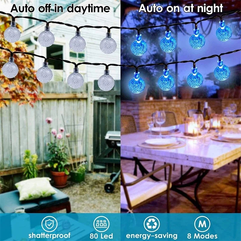 Solar String Lights Outdoor 200 Led Crystal Globe Lights Waterproof Solar Festoon Fairy Light for Garden Christmas Ramadan Decor