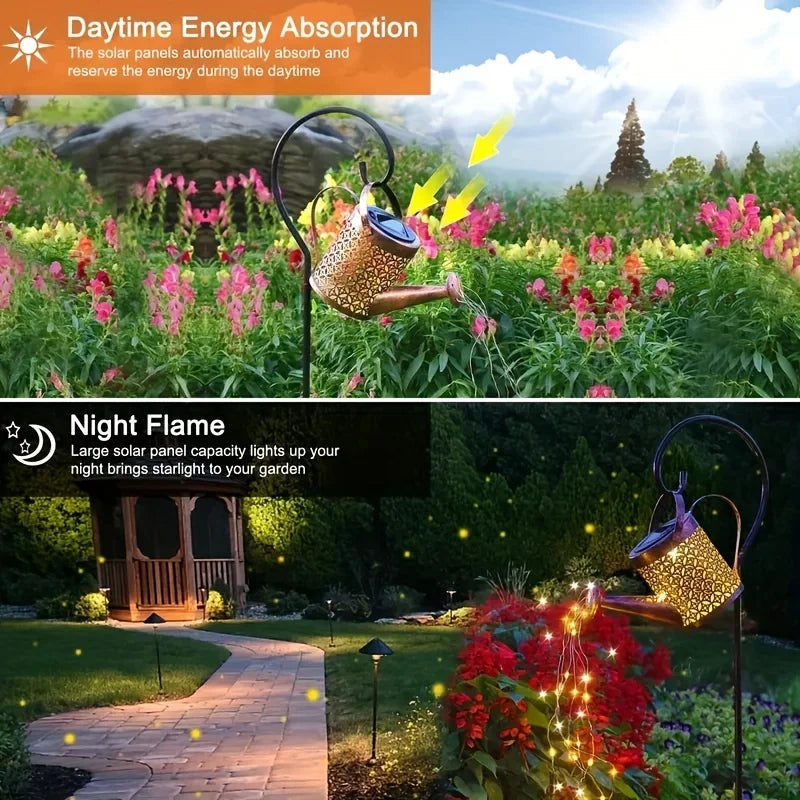 Large Retro Metal Lantern Solar Watering Can Light Outdoor Waterproof Shower Lights Hanging Star LED Fairy for Garden Decoration