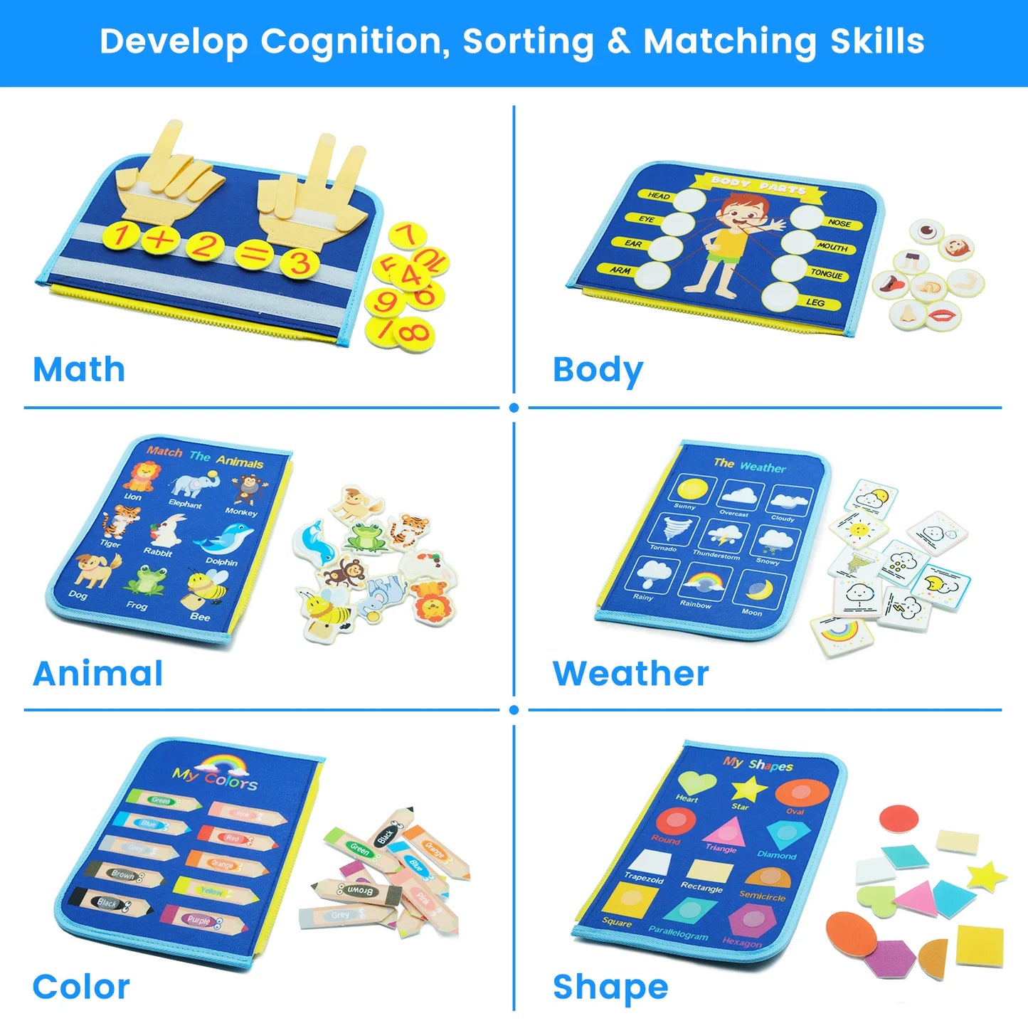 Montessori Busy Board Toddlers Preschool Early Learning Sensory Toys Cognitive Weather Color Shape Animal Math Body