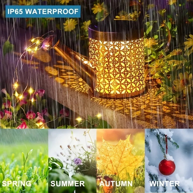 Large Retro Metal Lantern Solar Watering Can Light Outdoor Waterproof Shower Lights Hanging Star LED Fairy for Garden Decoration